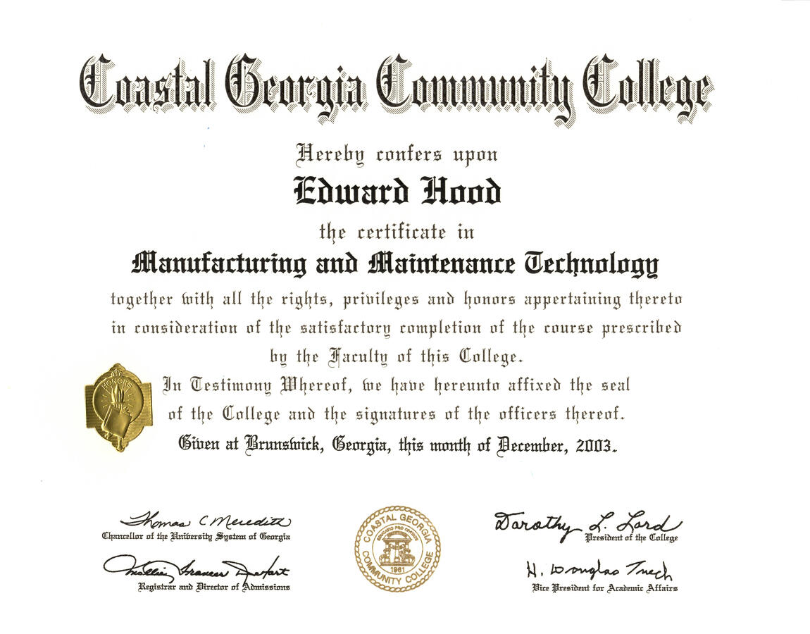 Coastal Georgia Community College Diploma in Manufacturing and Maintenance Technology